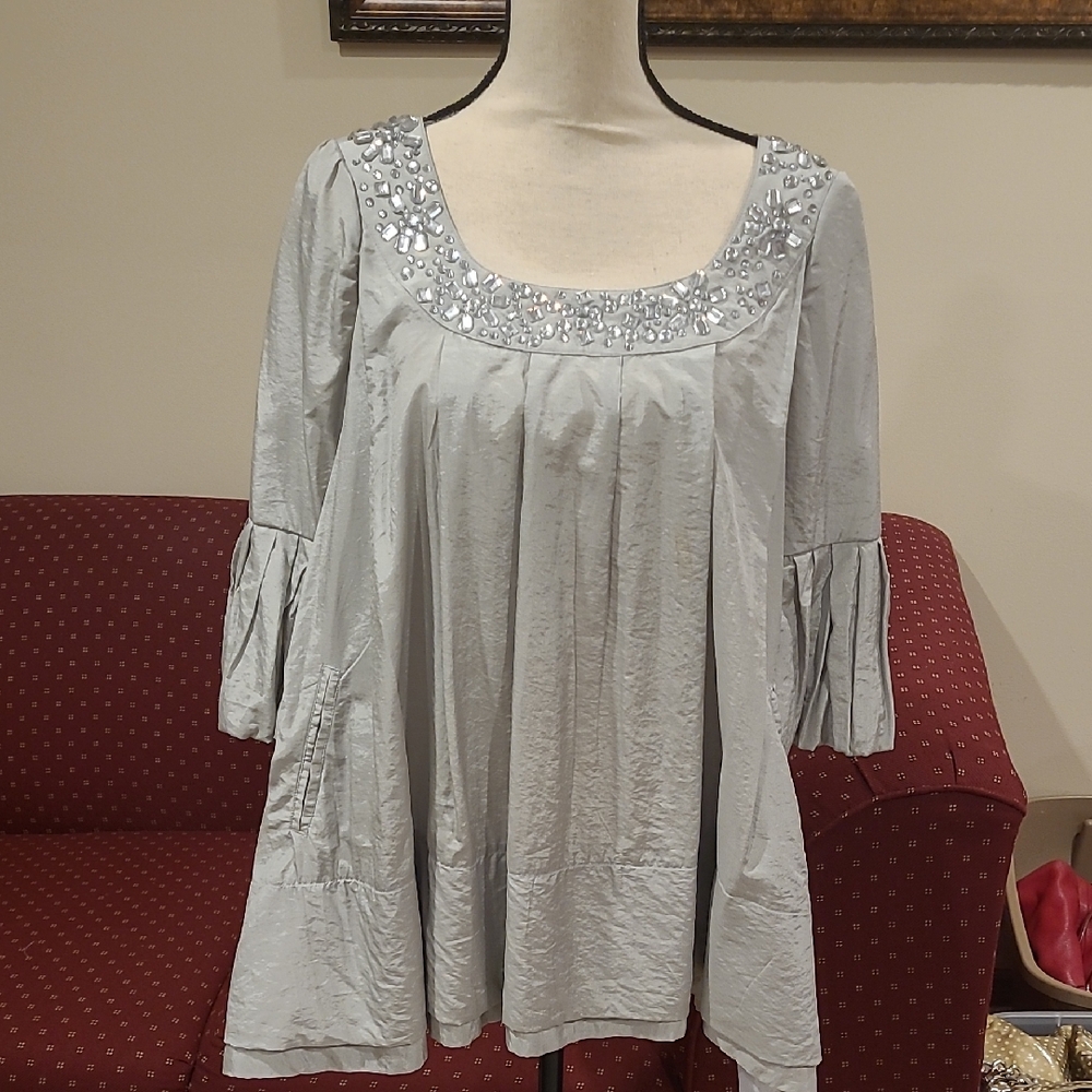 Elegant Gray Women's Top with Embellished Neckline